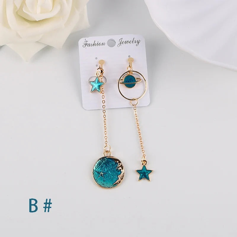 Asymmetrical Clip On Blue Space Earrings Astronomy