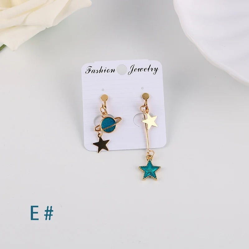 Asymmetrical Clip On Blue Space Earrings Astronomy