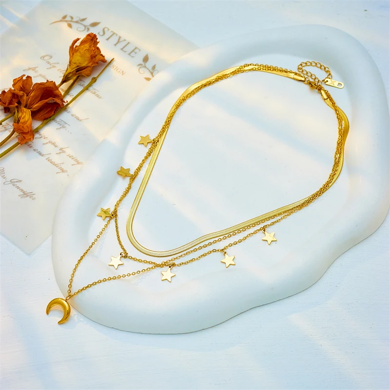 Catena a strati con stelle e luna | Oro placcato 14k