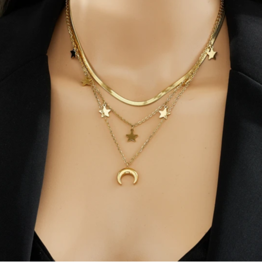 Catena a strati con stelle e luna | Oro placcato 14k