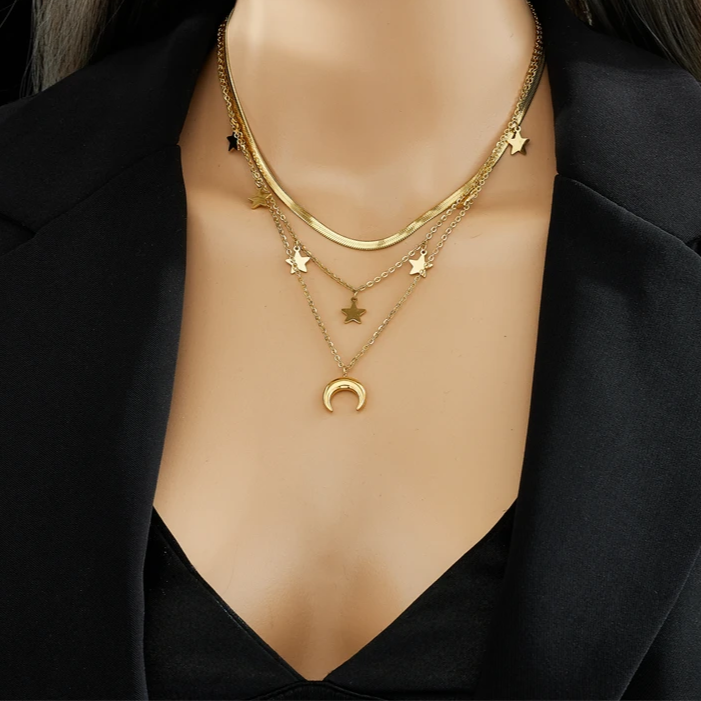 Catena a strati con stelle e luna | Oro placcato 14k