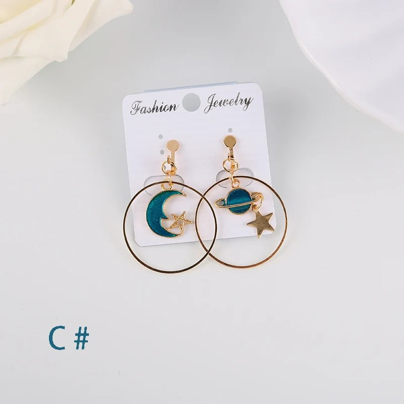 Asymmetrical Clip On Blue Space Earrings Astronomy