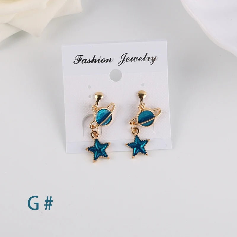 Asymmetrical Clip On Blue Space Earrings Astronomy