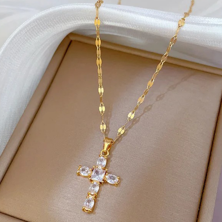Kristallen Zirkonia Kruis Ketting | 14K Verguld Goud