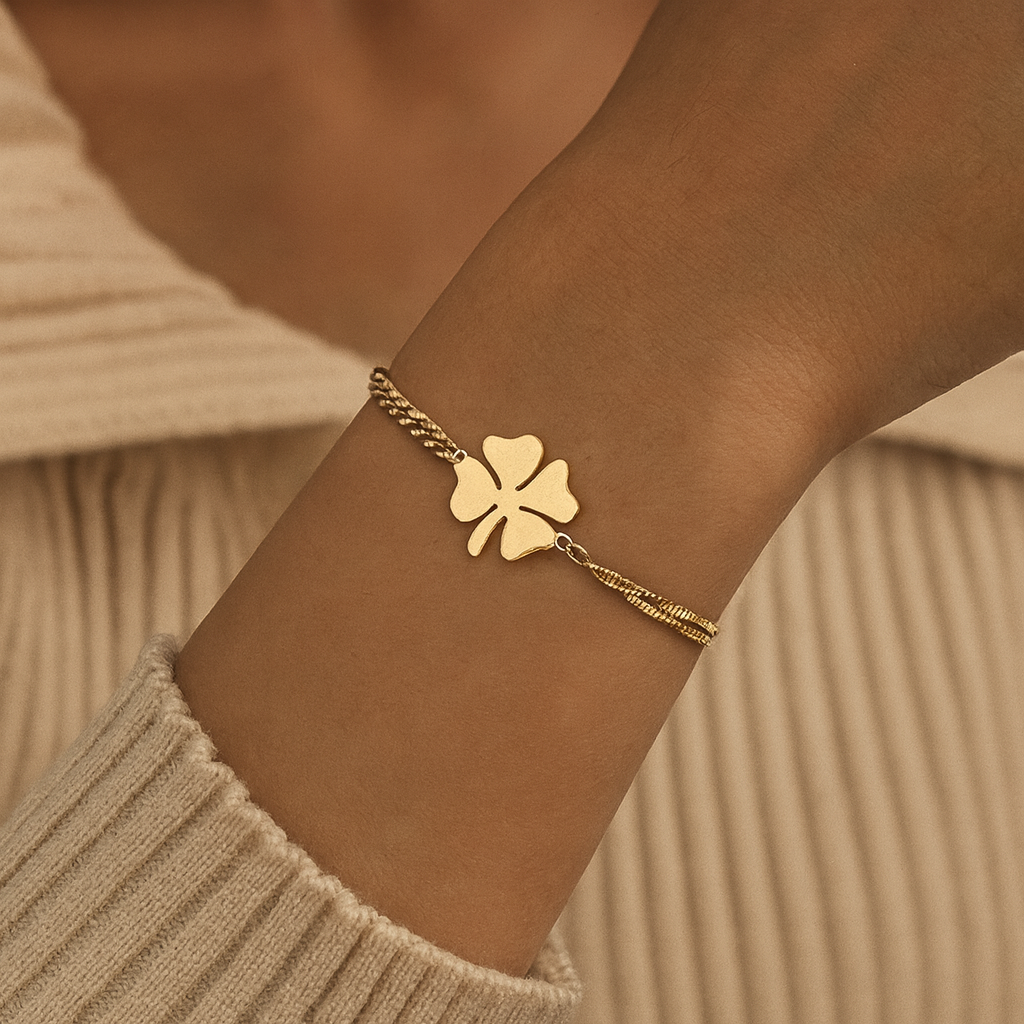 Brassard avec Grand Trèfle à Quatre Feuilles | Or 14k Plaqué