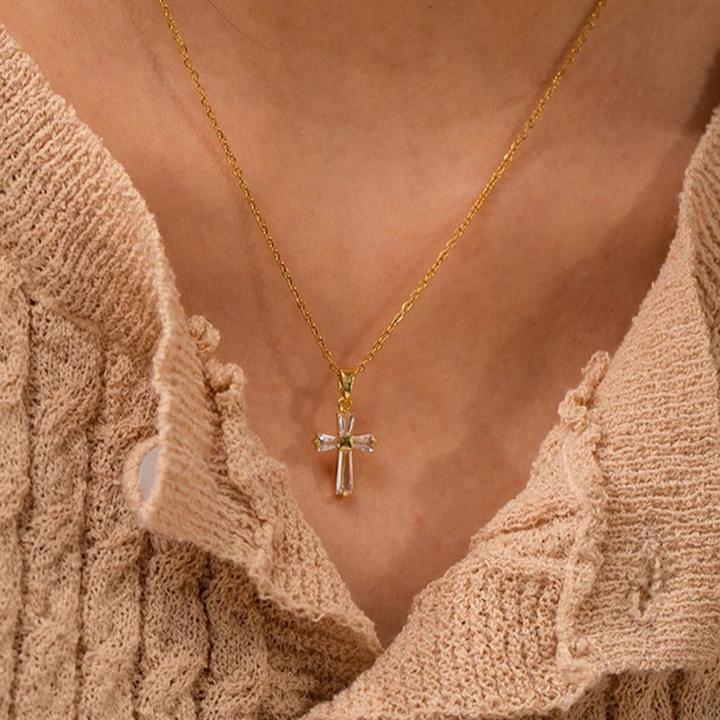 Kristallen Kruis Ketting | 14K Verguld Goud