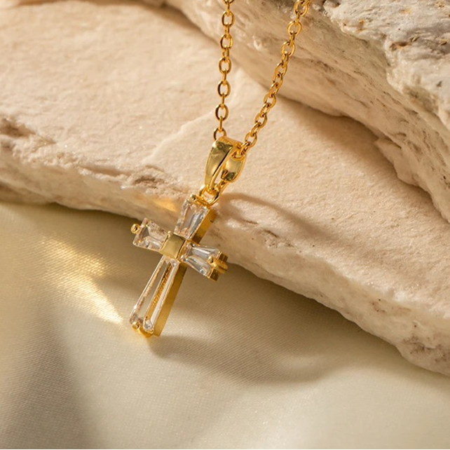 Kristallen Kruis Ketting | 14K Verguld Goud