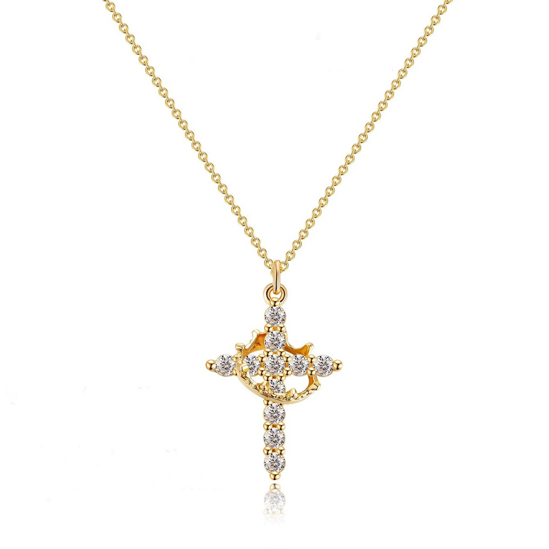 Collier Croix et Couronne | Or 14K Plaqué, Bijou Symbolique et de Luxe