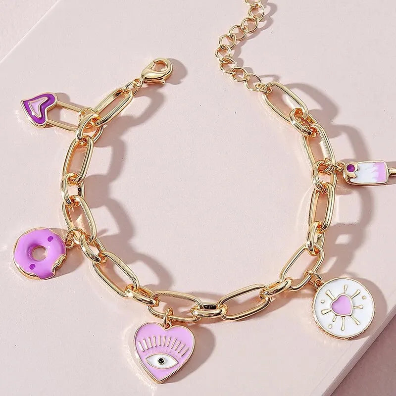Schattige Roze & Paarse Bedelarmband | Donut, IJsje, Hart & Boze Oog Charms