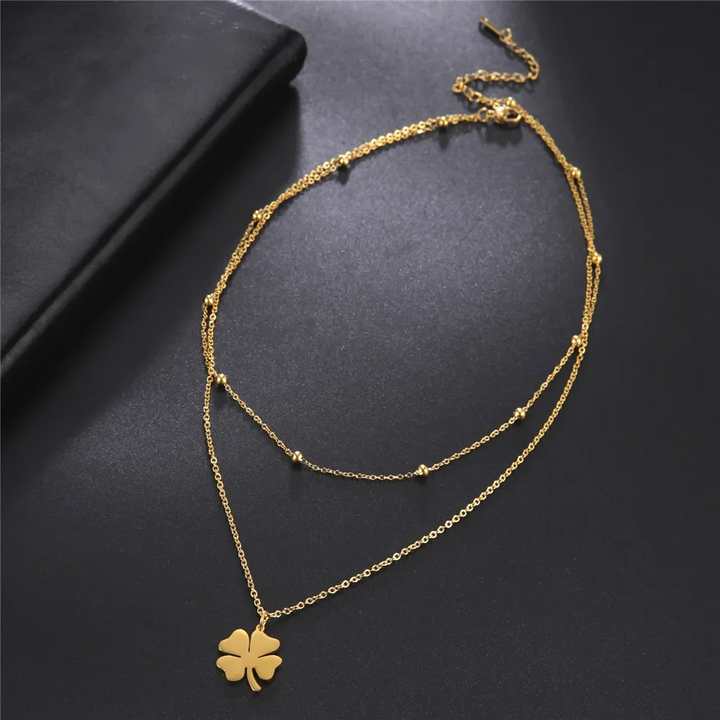 Collana a strati con ciondolo quadrifoglio | Oro placcato 14k