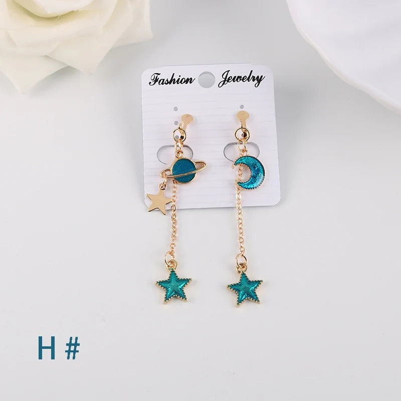 Asymmetrical Clip On Blue Space Earrings Astronomy