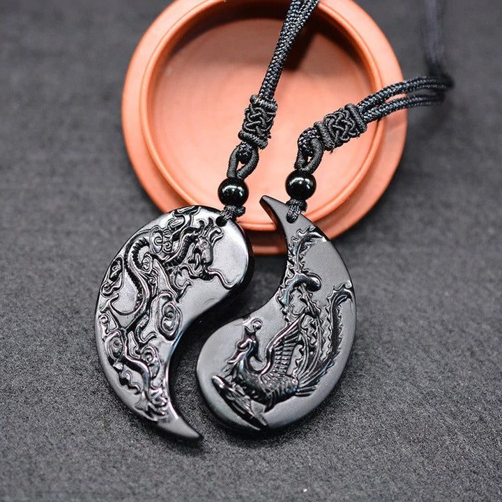 Dragon & Phoenix Obsidian Couple Necklace