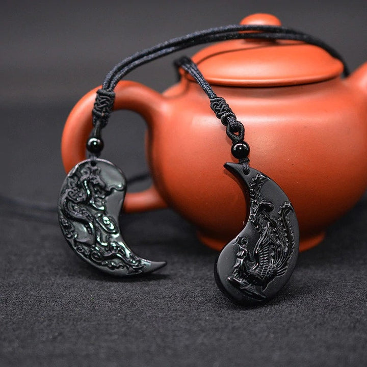 Dragon & Phoenix Obsidian Couple Necklace