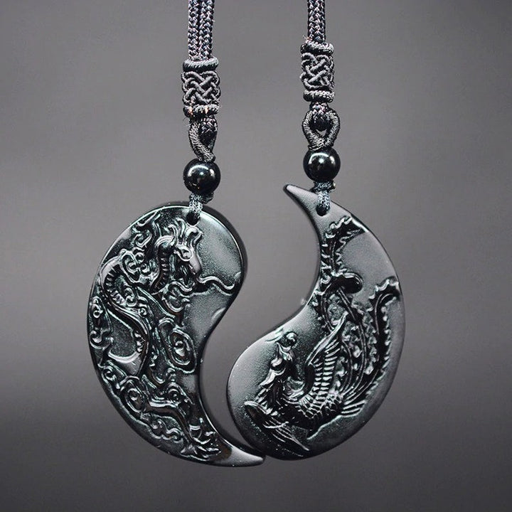 Dragon & Phoenix Obsidian Couple Necklace