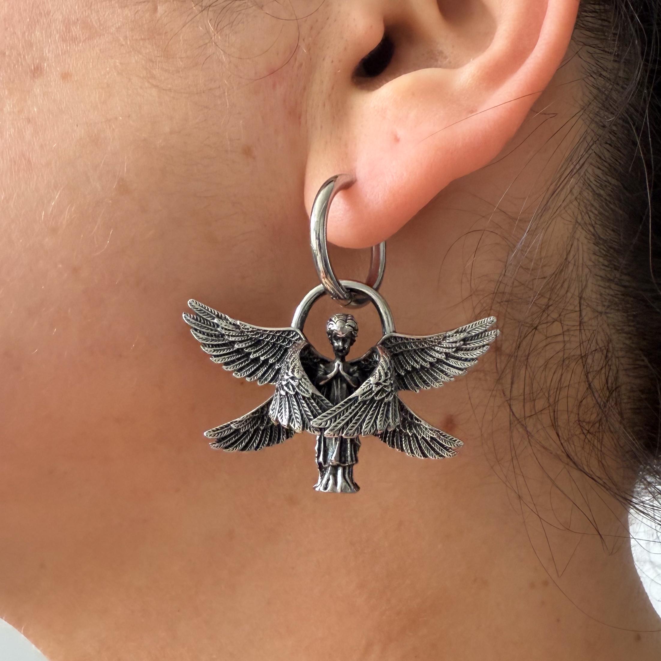 Stainless Steel Silver Hoop Dangle Earrings – Seraphim Angle Goth Statement Style